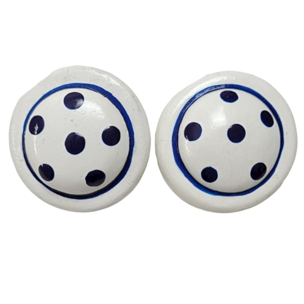 JGD White Blue Polka Dot Round Wood Button Clip-On Earrings